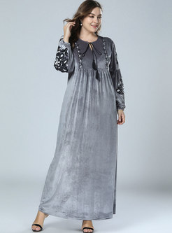 Casual O-neck Tied Embroidered Velvet Maxi Dress