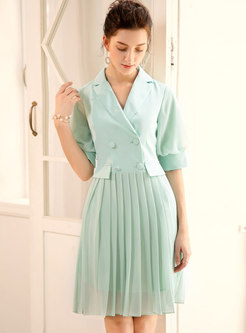 Elegant Pure Color Lapel Splicing Pleated Mini Dress