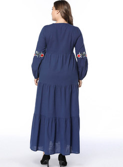 Brief Embroidered Loose Big Hem Maxi Dress
