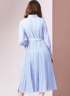 Stylish Print Vertical Striped Belted Pleated Dress