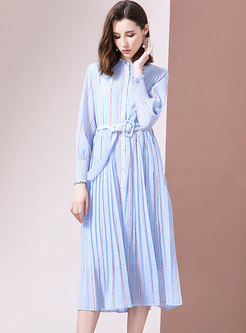 Stylish Print Vertical Striped Belted Pleated Dress