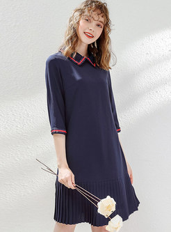 Brief Doll Collar Color-blocked Pleated A Line Dress