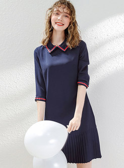 Brief Doll Collar Color-blocked Pleated A Line Dress