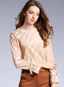 Solid Color Stand Collar Long Sleeves Women's Chiffon Tops