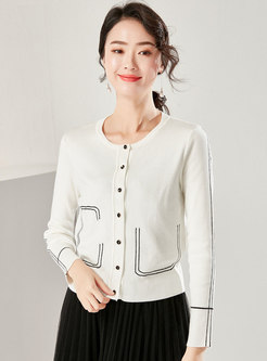 Brief O-neck Color-blocked Slim Knitted Cardigan