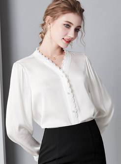 Chic V-neck Embroidered White Silk Blouse