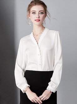 Chic V-neck Embroidered White Silk Blouse