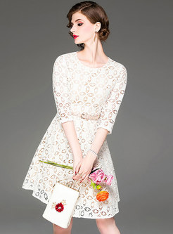 Stylish Embroidered Hollow Out Waist A Line Dress