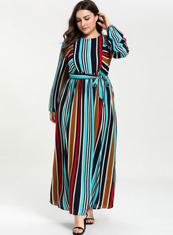 Brief Color Stripe Stitching Long Sleeve Maxi Dress