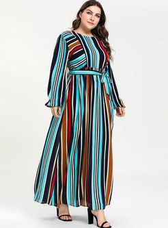 Brief Color Stripe Stitching Long Sleeve Maxi Dress