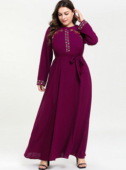 Stylish Plus Size Splicing Embroidered Tied Maxi Dress