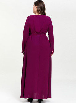 Stylish Plus Size Splicing Embroidered Tied Maxi Dress