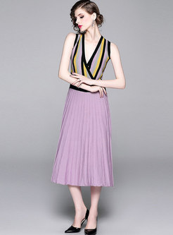 Sexy Contrast Color Striped Sleeveless Pleated Dress