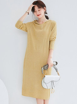 Brief Pure Color Hooded Split Knitted Dress