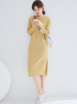 Brief Pure Color Hooded Split Knitted Dress