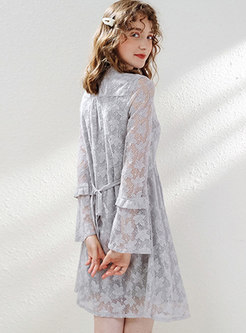 Sweet Grey Lace Bowknot Pleated Shift Dress