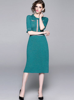 Fashion O-neck Ruffle Pleated Knitted Dress