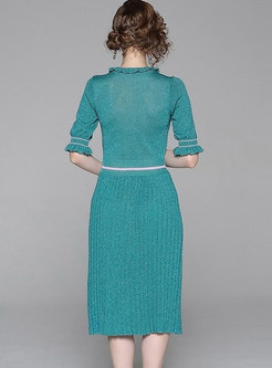 Fashion O-neck Ruffle Pleated Knitted Dress