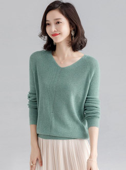 Brief Pure Color V-neck Casual Loose Sweater