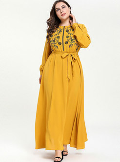 Casual Embroidered Tied Zipper Maxi Dress With Belt 