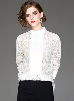 See-though Stand Collar Embroidered Loose Blouse