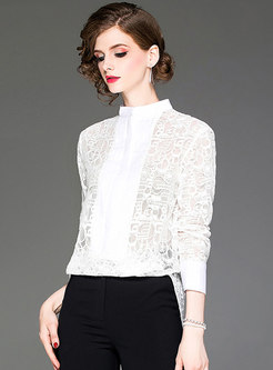 See-though Stand Collar Embroidered Loose Blouse