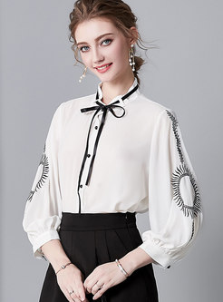 Chiffon Color-blocked Embroidered Lantern Sleeve Blouse