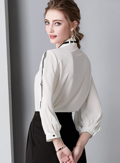 Chiffon Color-blocked Embroidered Lantern Sleeve Blouse