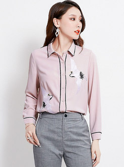 Casual Embroidered Turn-down Collar Chiffon Blouse