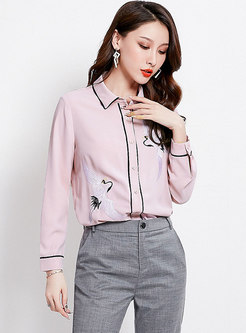 Casual Embroidered Turn-down Collar Chiffon Blouse