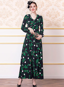 Casual Print V-neck Split Big Hem Maxi Dress