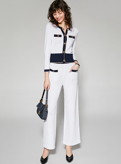 Stylish White Single-breasted Top & Knitted Wide Leg Pants
