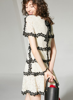 Chic Color-blocked Hollow Out Lace A Line Dress