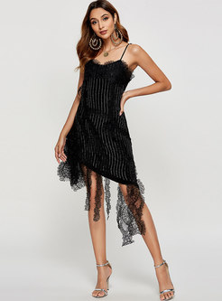 Stylish Hot Drilling Lace Backless Irregular Slip Dress