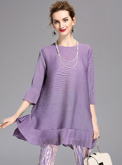 Brief O-neck Pure Color Loose Pleated T-shirt