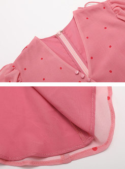 Chic V-neck Pink Polka Dot High Waist Skater Dress