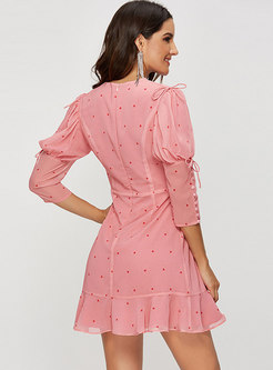Chic V-neck Pink Polka Dot High Waist Skater Dress