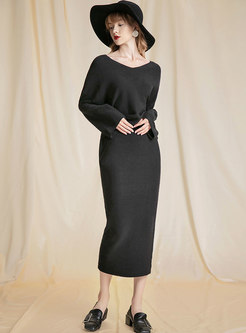 Stylish Black V-neck Comfortable Knitted Two Piece Dress
