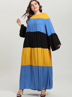 Color-blocked Splicing Big Hem Maxi Dress