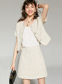 Vintage Plaid Tweed Coat & High Waist Mini Skirt