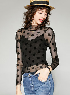 Sexy See-though Dots Pattern Mesh Splicing Top