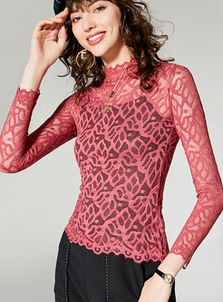 Sexy Lace Hollow Out Perspective Pullover T-shirt