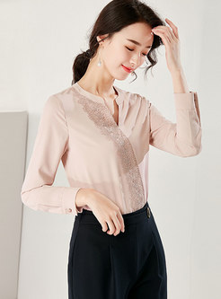 Stylish V-neck Openwork Lace Pullover Blouse