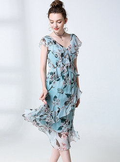 Casual V-neck Print Silk Irregular Skater Dress