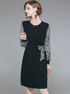 O-neck Print Gathered Waist Splicing Knitted Dress