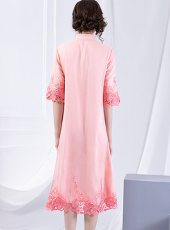 Trendy Embroidered Mandarin Collar Splicing Shift Dress