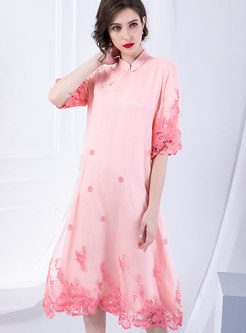 Trendy Embroidered Mandarin Collar Splicing Shift Dress