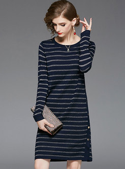 Brief Striped O-neck Loose Knitted Dress