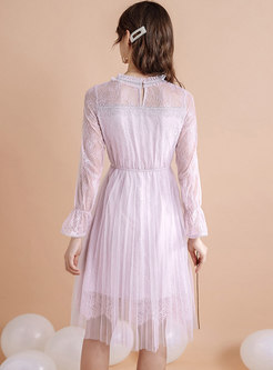 Stylish Lace Hollow Out Tied Pleated Dress