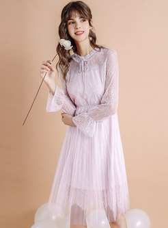 Stylish Lace Hollow Out Tied Pleated Dress